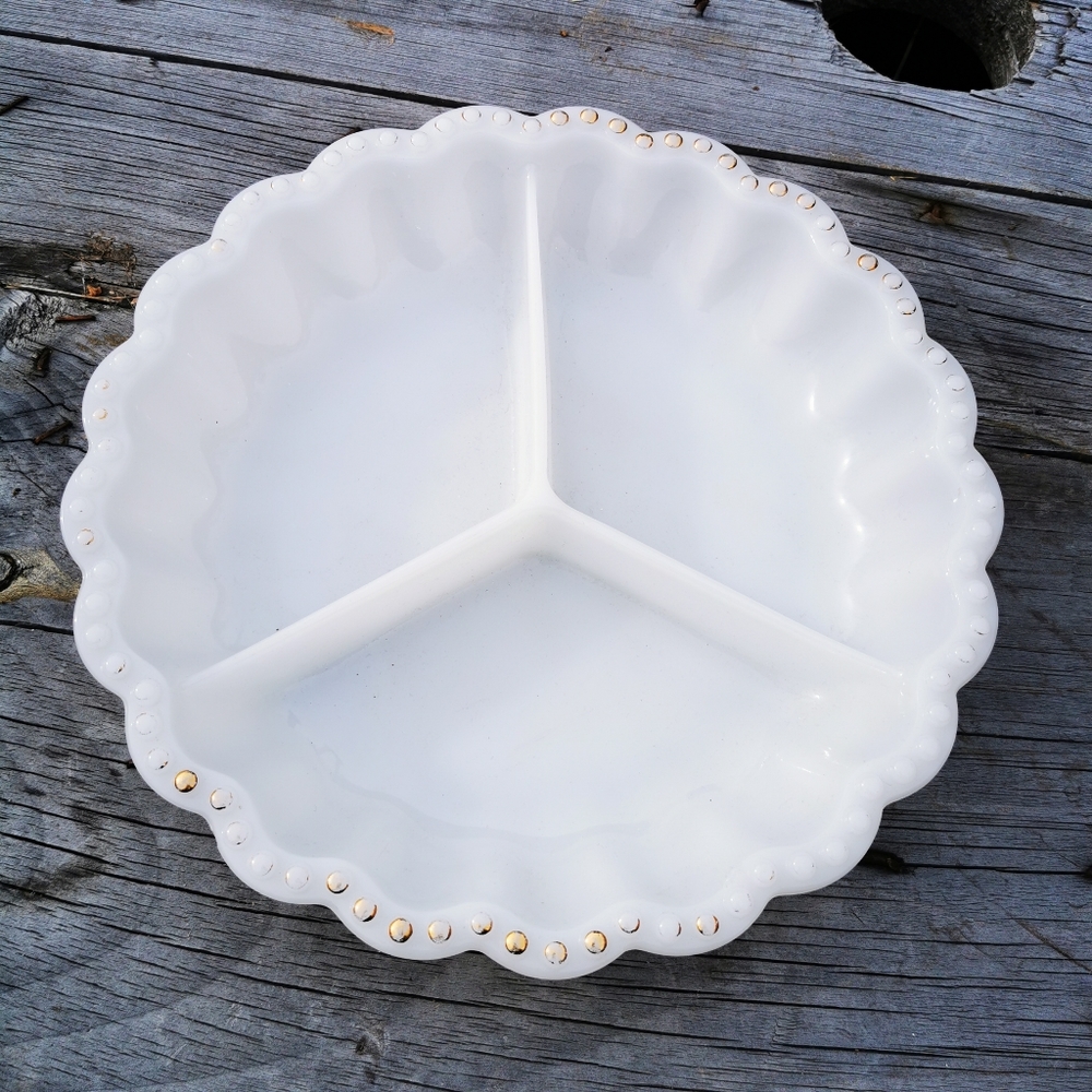 Vintage Round Milk Glass Divided Dish